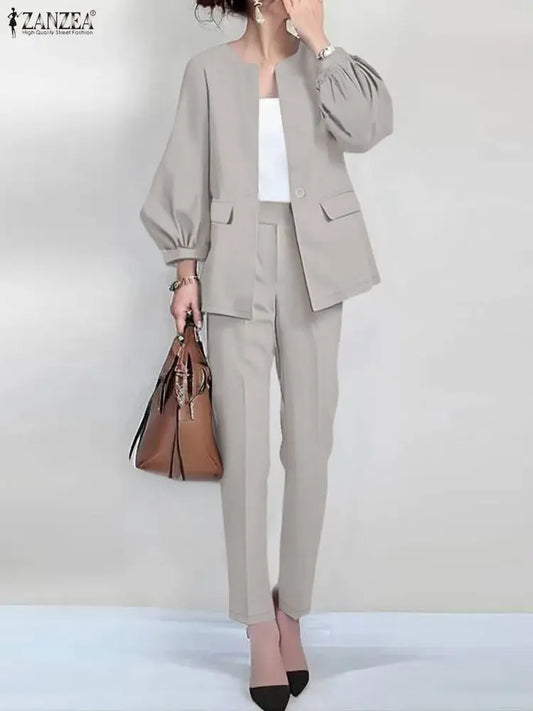 ZANZEA Women's 2-Piece Lantern Sleeve Blazer and Pants Set