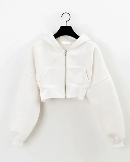 Women's Cropped Zip-Up Hoodie Jacket - Vintage Style with Pockets