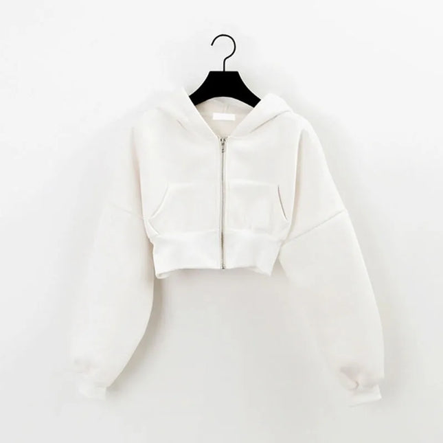 Women's Cropped Zip-Up Hoodie Jacket - Vintage Style with Pockets