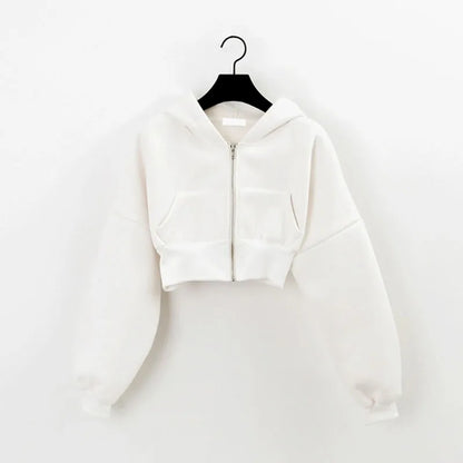 Women's Cropped Zip-Up Hoodie Jacket - Vintage Style with Pockets