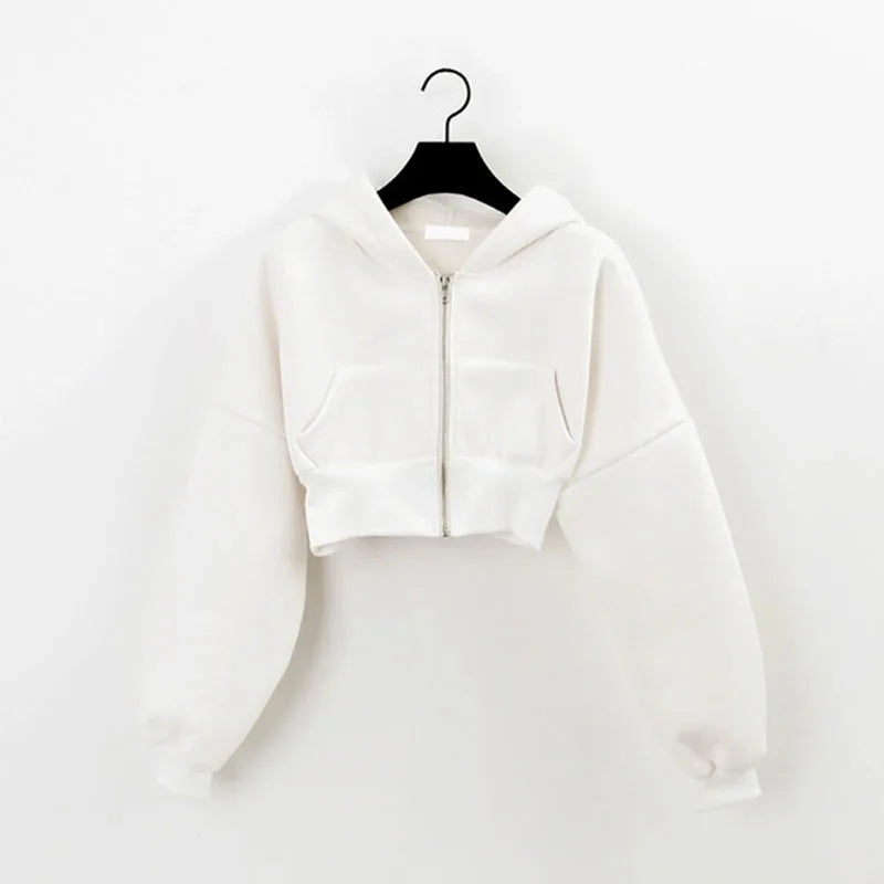 Cropped Zip-Up Hooded Jacket for Women with Pockets