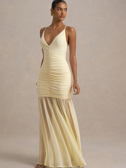 Elegant V-Neck Ruched Maxi Dress for Women
