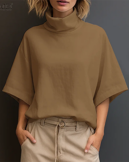Zanzea Women's Elegant Turtleneck Half Sleeve Blouse