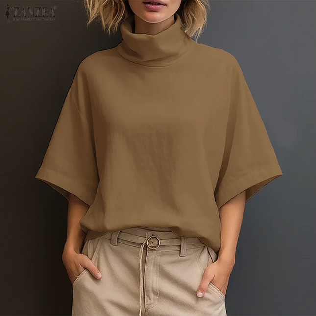 Zanzea Women's Elegant Turtleneck Half Sleeve Blouse
