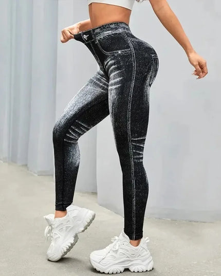 Women’s High-Waisted Seamless Denim-Print Yoga Leggings