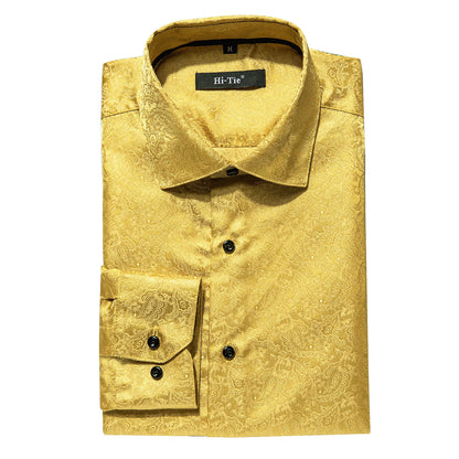 Luxury Gold Men's Silk Jacquard Lapel Shirt