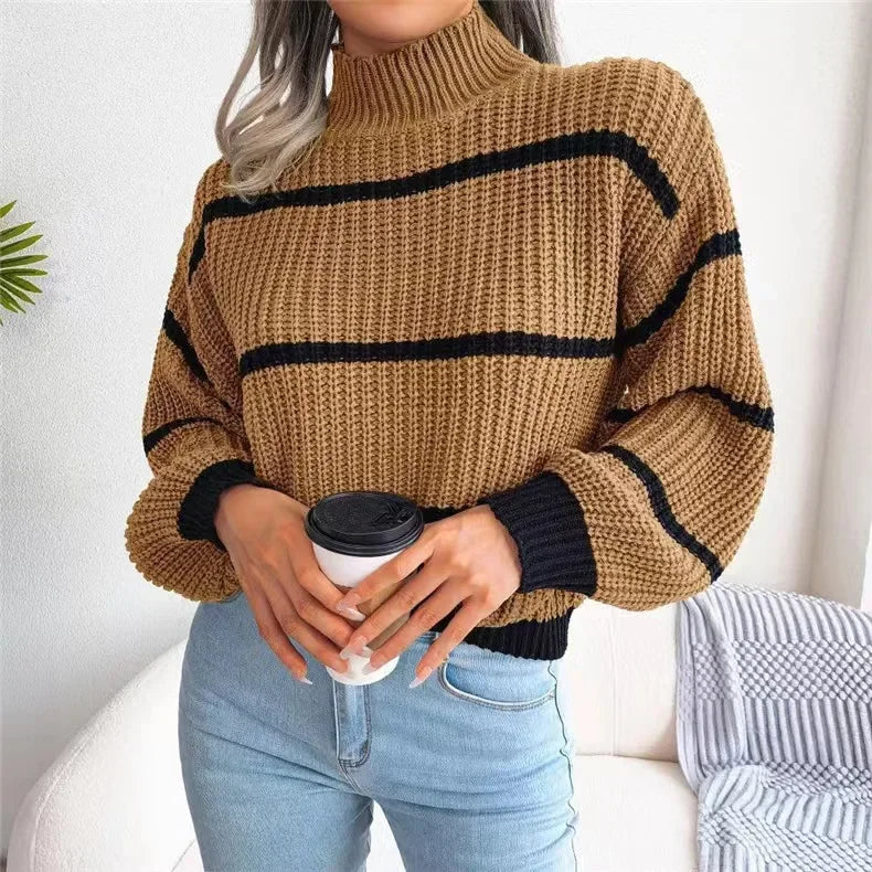 Women's Striped Sweater with Half High Collar