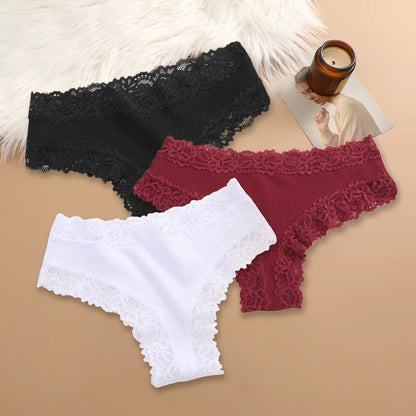 Set of 3 Women's Cotton Lace Panties - Floral Print & Trendy Patchwork Briefs