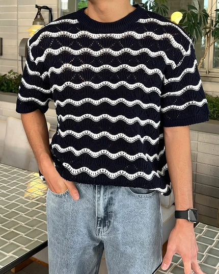 Men's Knit Jacquard Striped Hollow-Out Casual T-Shirt