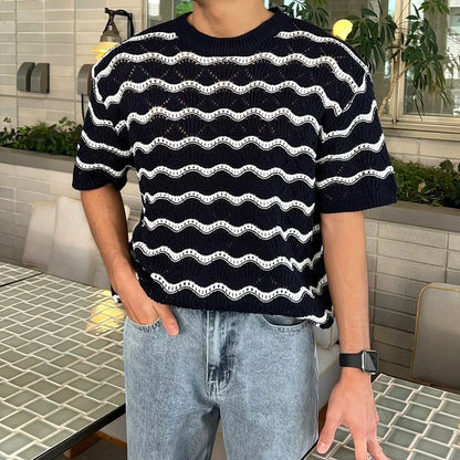 Men's Knit Jacquard Striped Hollow-Out Casual T-Shirt