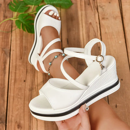 Women's Crystal Anklet Buckle Wedge Sandals – Thick Sole, Non-Slip Fashionable Footwear