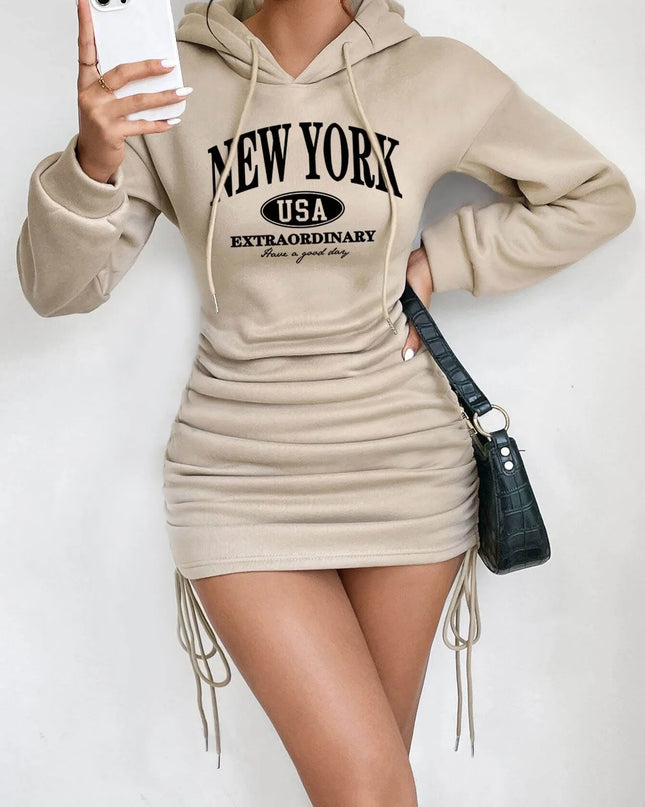 Women's Elegant Hooded Long Sleeve Strap Sweater Dress