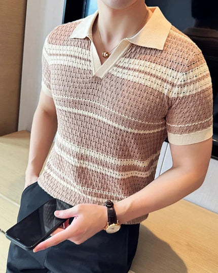 Men's Thin Striped Knitted V-Neck T-Shirt – Stylish Breathable Men's Knit Top