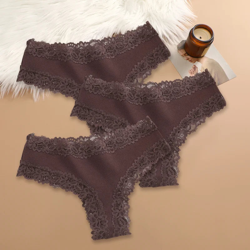Set of 3 Women's Cotton Lace Panties - Floral Print & Trendy Patchwork Briefs