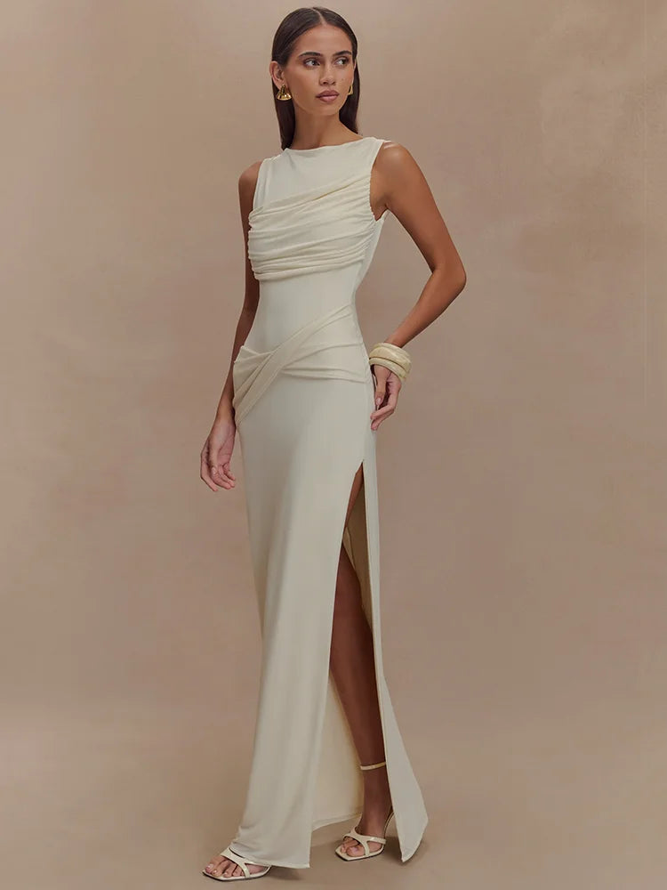 Women's Backless Ruched Maxi Dress with Thigh-High Split