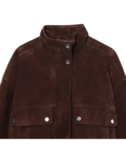 Women's Faux Suede Jacket with Pockets, High Collar, and Button Closure