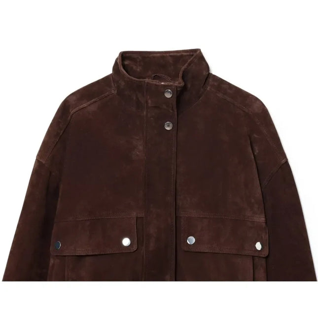 Women's Faux Suede Jacket with Pockets, High Collar, and Button Closure