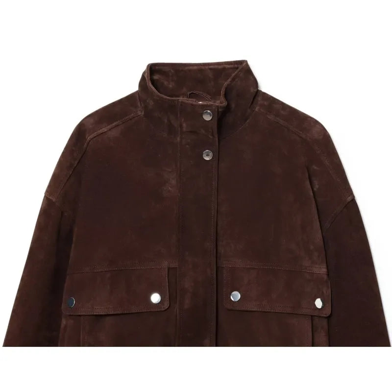 Women's Faux Suede Jacket with Pockets, High Collar, and Button Closure