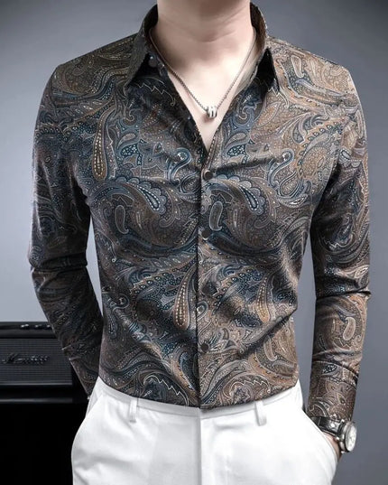 Retro Men's Long Sleeve Shirt – Casual Slim Fit Print Top for Men