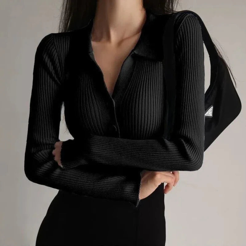 Women's Turn-Down Collar Knit Sweater with V-Neck, Slim Fit, Button-Down Design