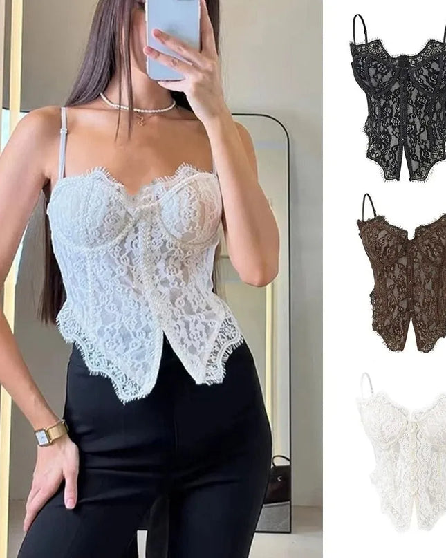 Women's Elegant Sheer Lace Camisole with Sleeveless Fishbone Design