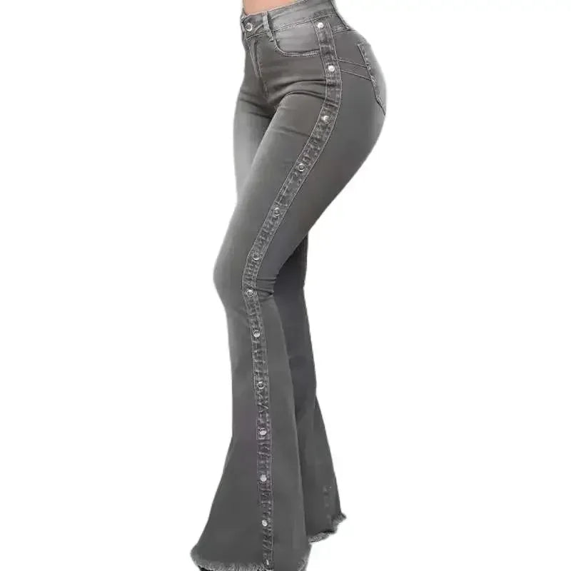 Women's High Waist Flared Jeans with Side Studded Buckle Decoration