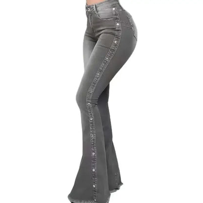 Women's High Waist Flared Jeans with Side Studded Buckle Decoration