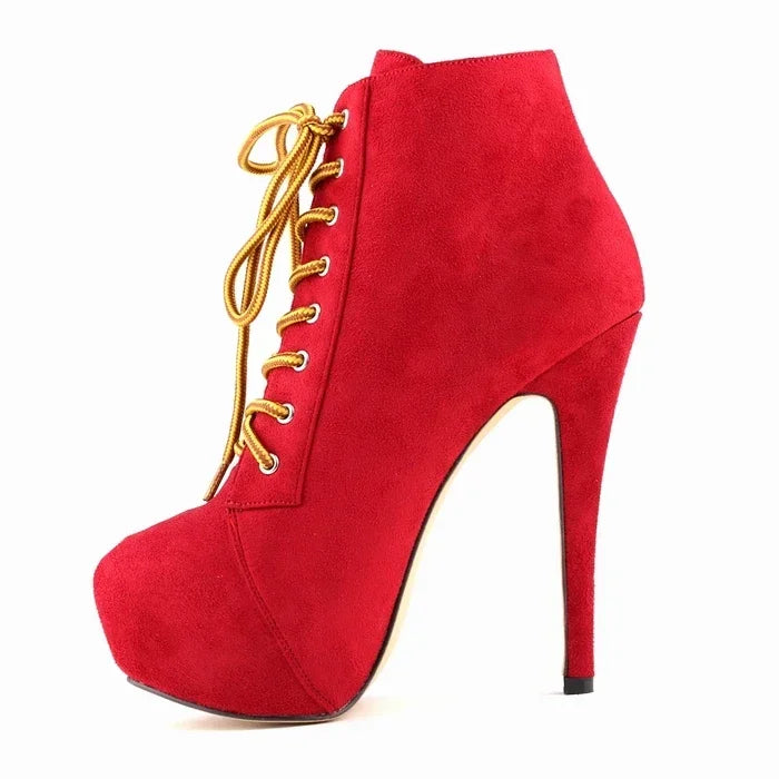 Women's Platform Boots with Side Zipper - High Heels With Lace-Up Design