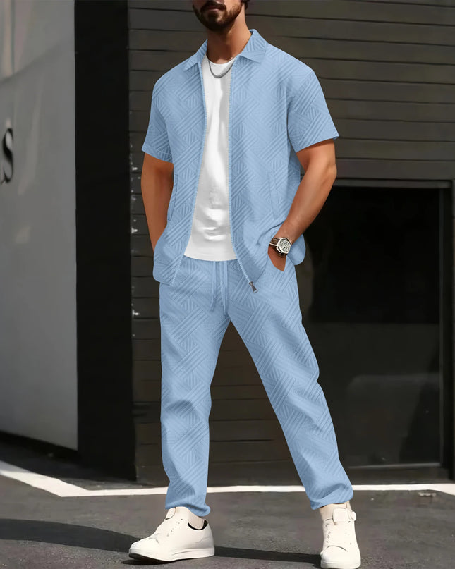Men's Geometric Jacquard 2-Piece Short Sleeve Shirt and Pants Set with Turn-Down Collar and Zip Closure