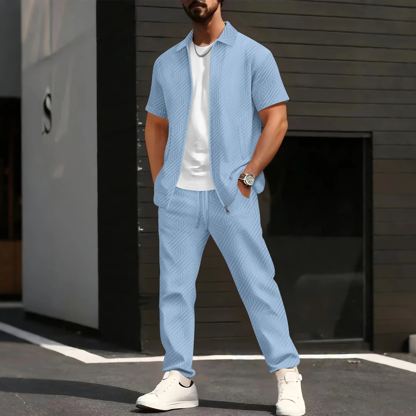 Men's Geometric Jacquard 2-Piece Short Sleeve Shirt and Pants Set with Turn-Down Collar and Zip Closure
