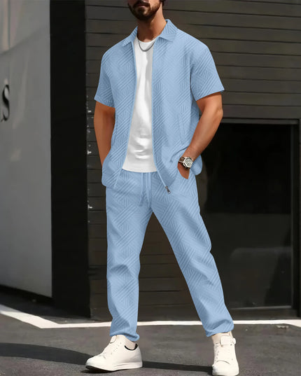 Men's Geometric Jacquard Two-Piece Set with Turn-Down Collar, Short Sleeve Zip-Up Shirt & Pants Set
