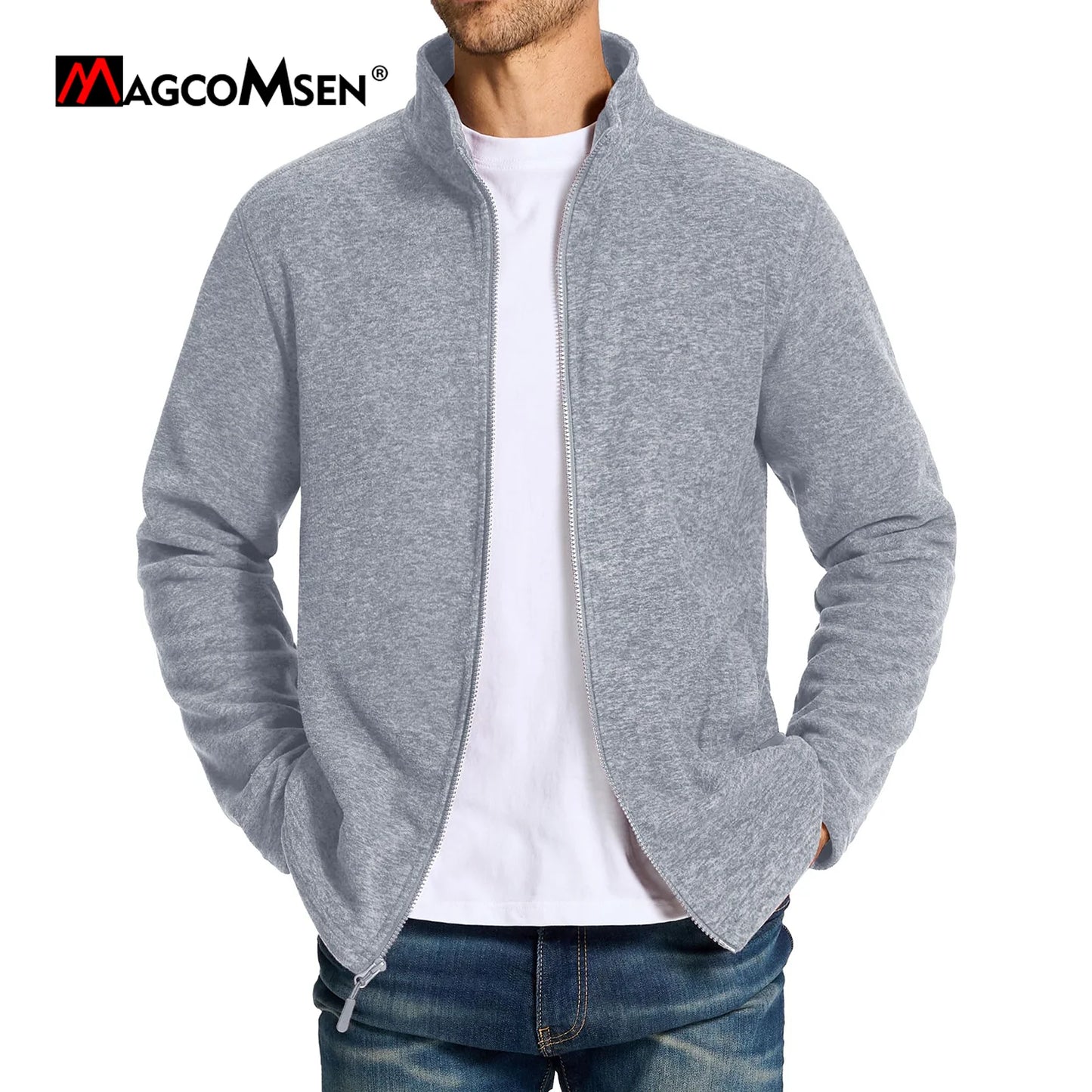 MAGCOMSEN Men's Lightweight Fleece Jacket with Full Zip and Stand Collar