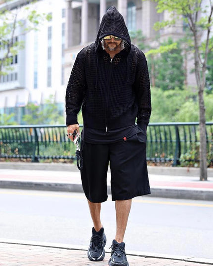 Men's Knitted Hooded Cardigan with Zipper, Hollow Out Design, Oversized Fit