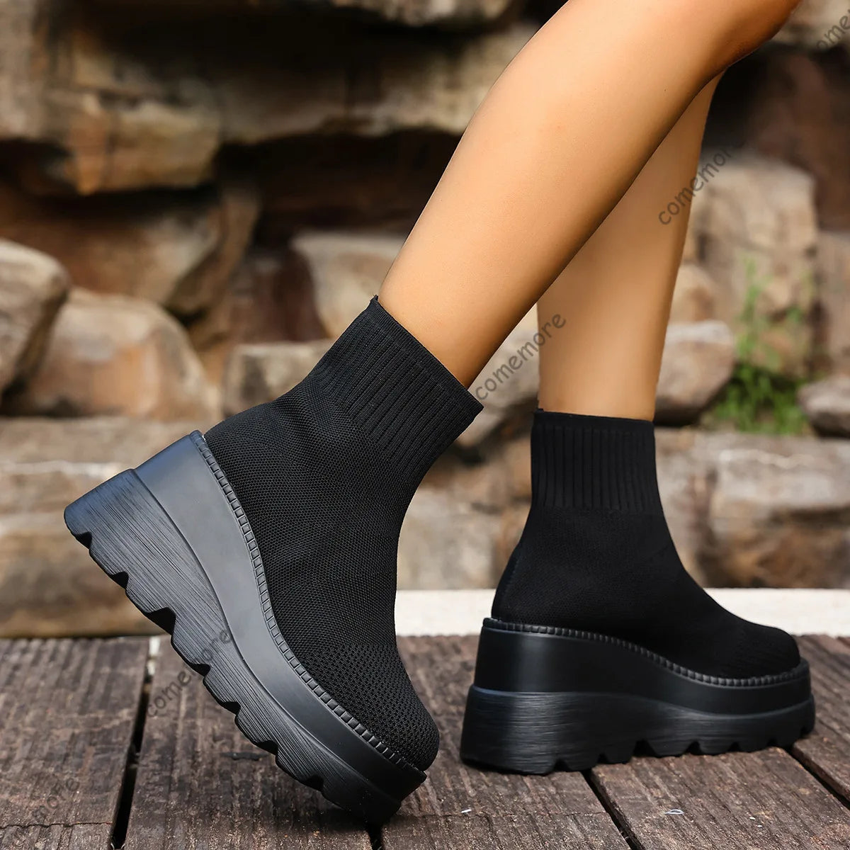 Women's Wedge High Heels - Breathable Weaving Elastic Short Boots with Thick Sole