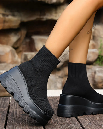 Women's Wedge High Heels - Breathable Weaving Elastic Short Boots with Thick Sole