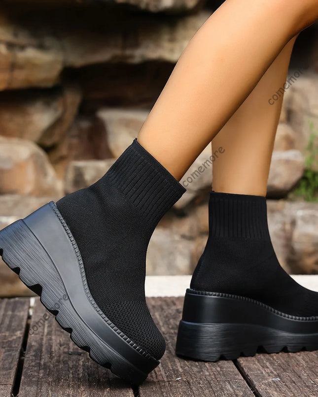 Women's Wedge High Heels - Breathable Weaving Elastic Short Boots with Thick Sole