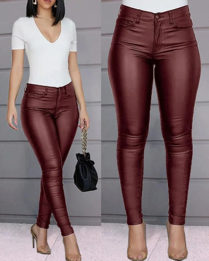 Women’s High-Waist Solid PU Leather Skinny Pants - Slim Fit & Stretch