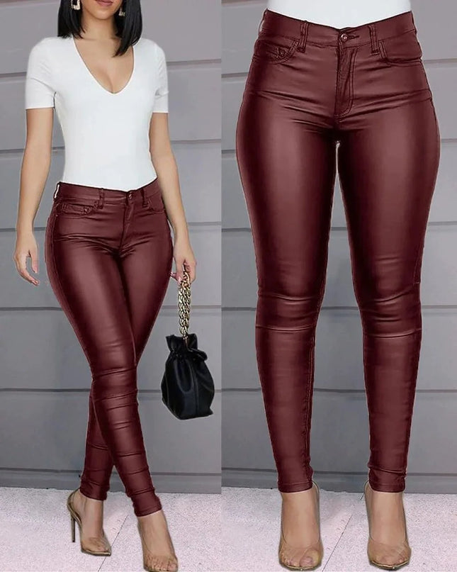 Women’s High-Waist Solid PU Leather Skinny Pants - Slim Fit & Stretch