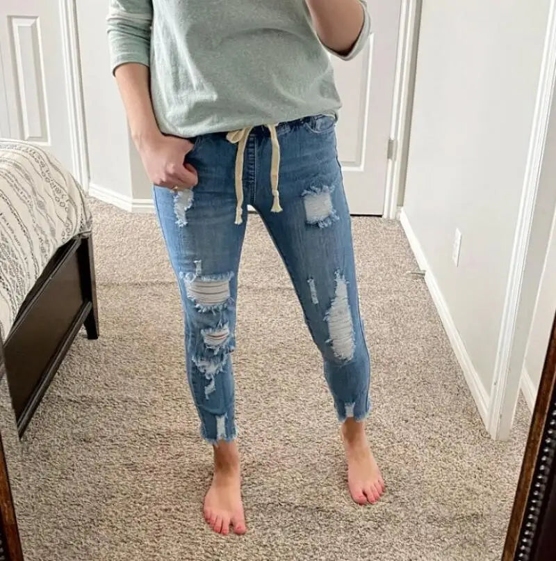 Women’s Drawstring Ripped Denim Jeans - Various Colors