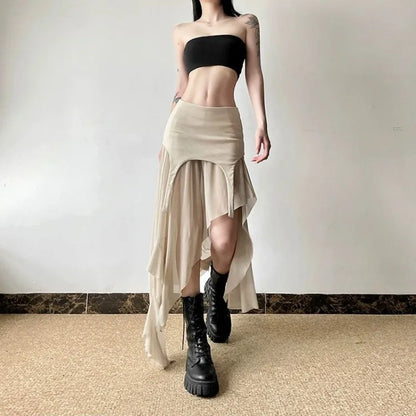 High-Waisted Irregular Mesh Skirt for Women - Ruffled, Slim Fit