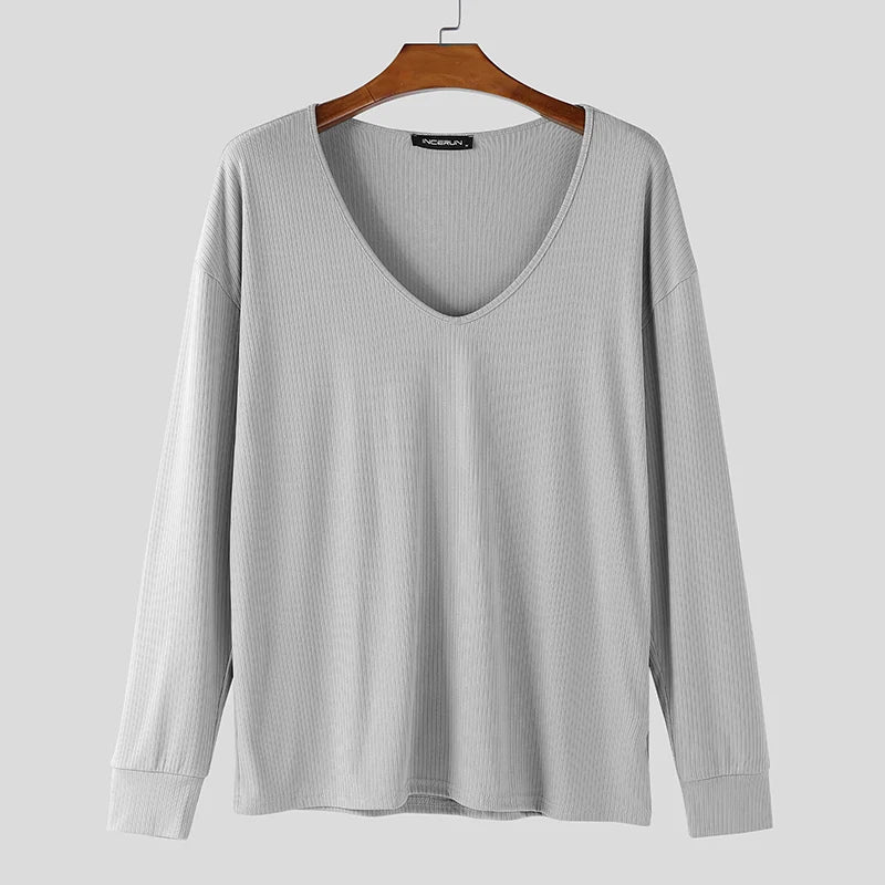 INCERUN Men's V-Neck Long Sleeve Knitted Sweater