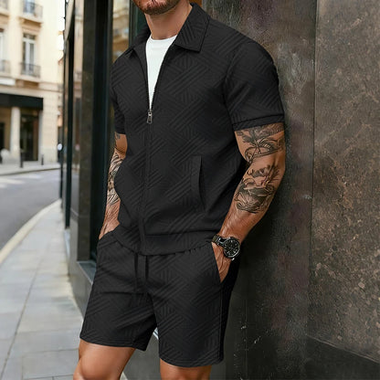 Men's Two-Piece Jacquard Short Sleeve Polo Shirt and Shorts Set