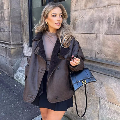 Women's Faux Fur Leather Jacket - Wool Blend Long Sleeve Warm Coat