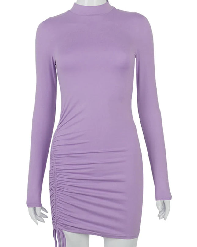 Women's Long-Sleeved Drawstring Dress with Pleated Waist and Hip Skirt