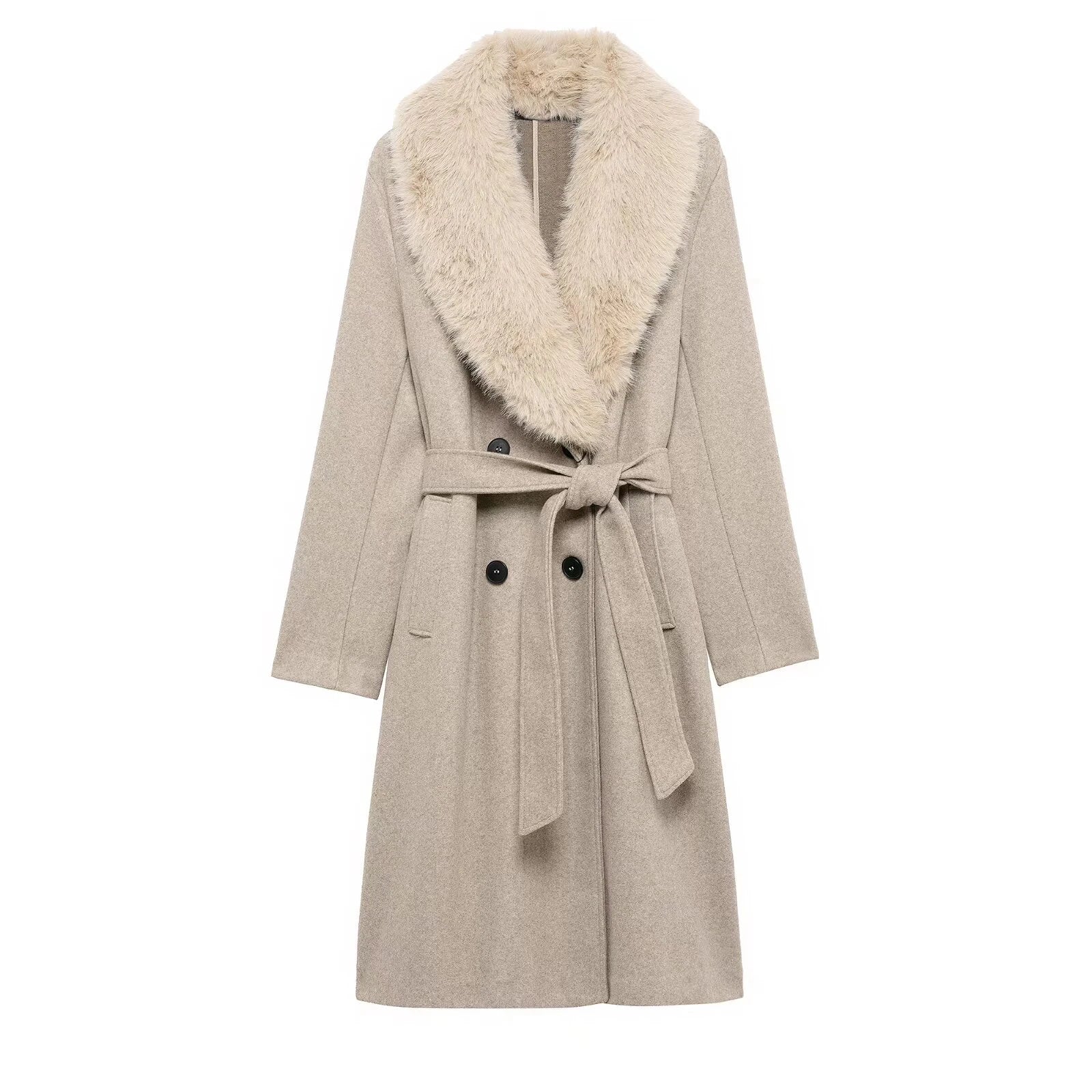 Beige coat with fur collar on a white background