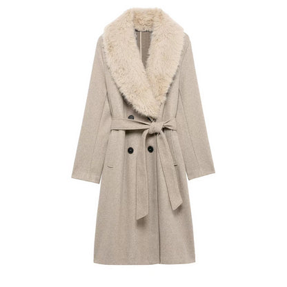 Beige coat with fur collar on a white background