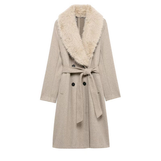 Beige coat with fur collar on a white background