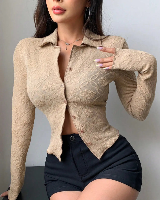 Women's Slim Fit Long Sleeve Turn-Down Collar Blouse