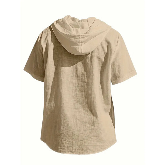 Men's Cotton Linen Hooded Short Sleeve Shirt - Breathable, Lightweight