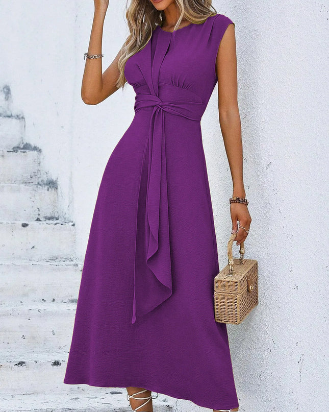 Women's Elegant Belted Midi Dress with Thin Front Straps